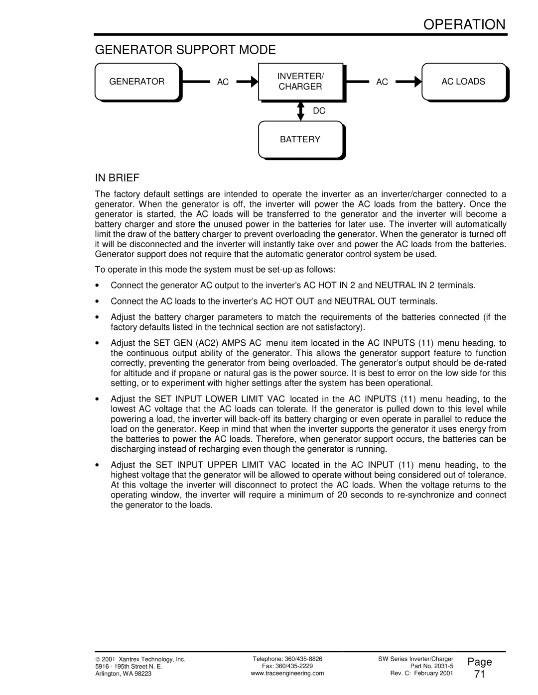 Xantrex Technology SW Series owner manual Generator Support Mode, Generator Inverter Charger Battery AC Loads 