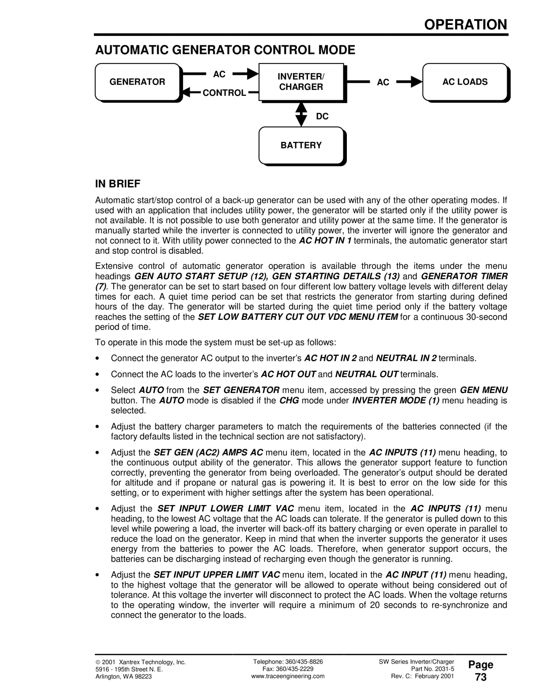 Xantrex Technology SW Series Automatic Generator Control Mode, Generator Control INVERTER/ Charger AC Loads Battery 