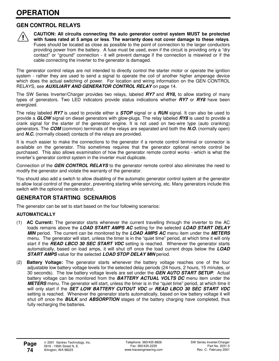 Xantrex Technology SW Series owner manual GEN Control Relays, Generator Starting Scenarios, Automatically 