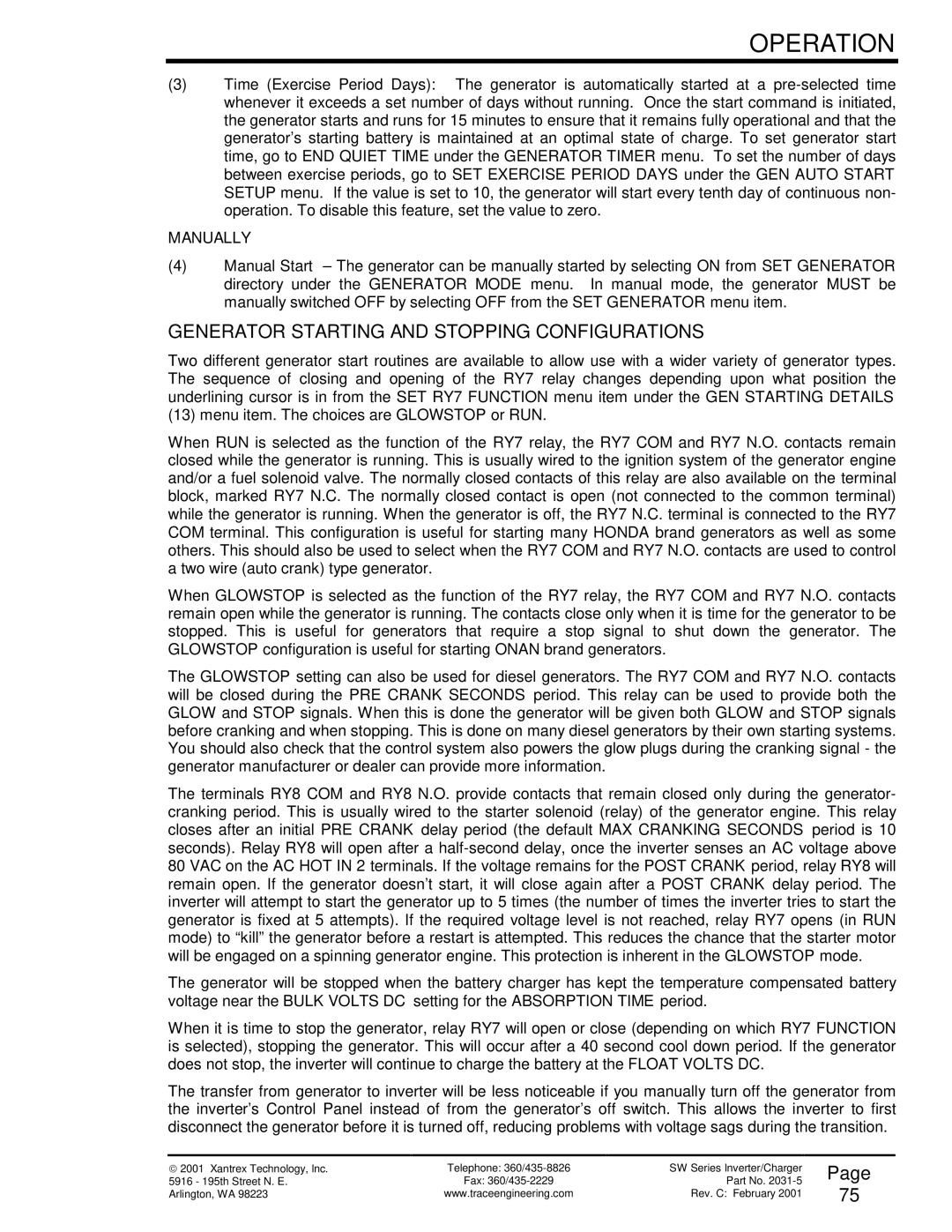 Xantrex Technology SW Series owner manual Generator Starting and Stopping Configurations, Manually 