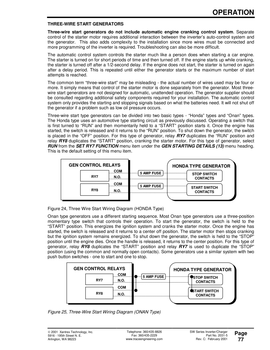 Xantrex Technology SW Series owner manual THREE-WIRE Start Generators, Honda Type Generator 