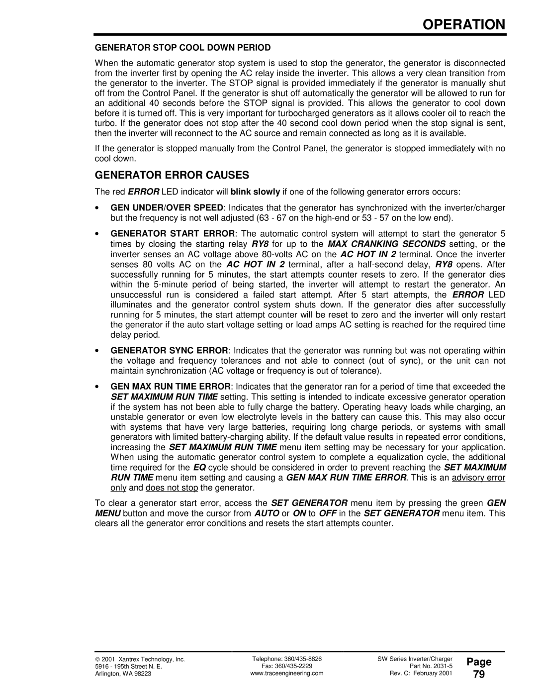 Xantrex Technology SW Series owner manual Generator Error Causes, Generator Stop Cool Down Period 