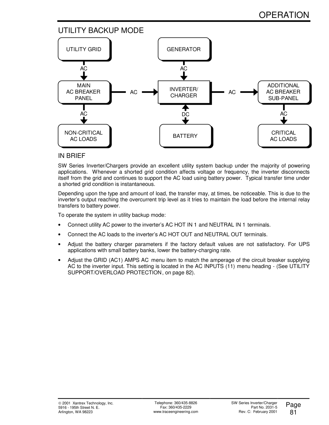 Xantrex Technology SW Series owner manual Utility Backup Mode, Brief 