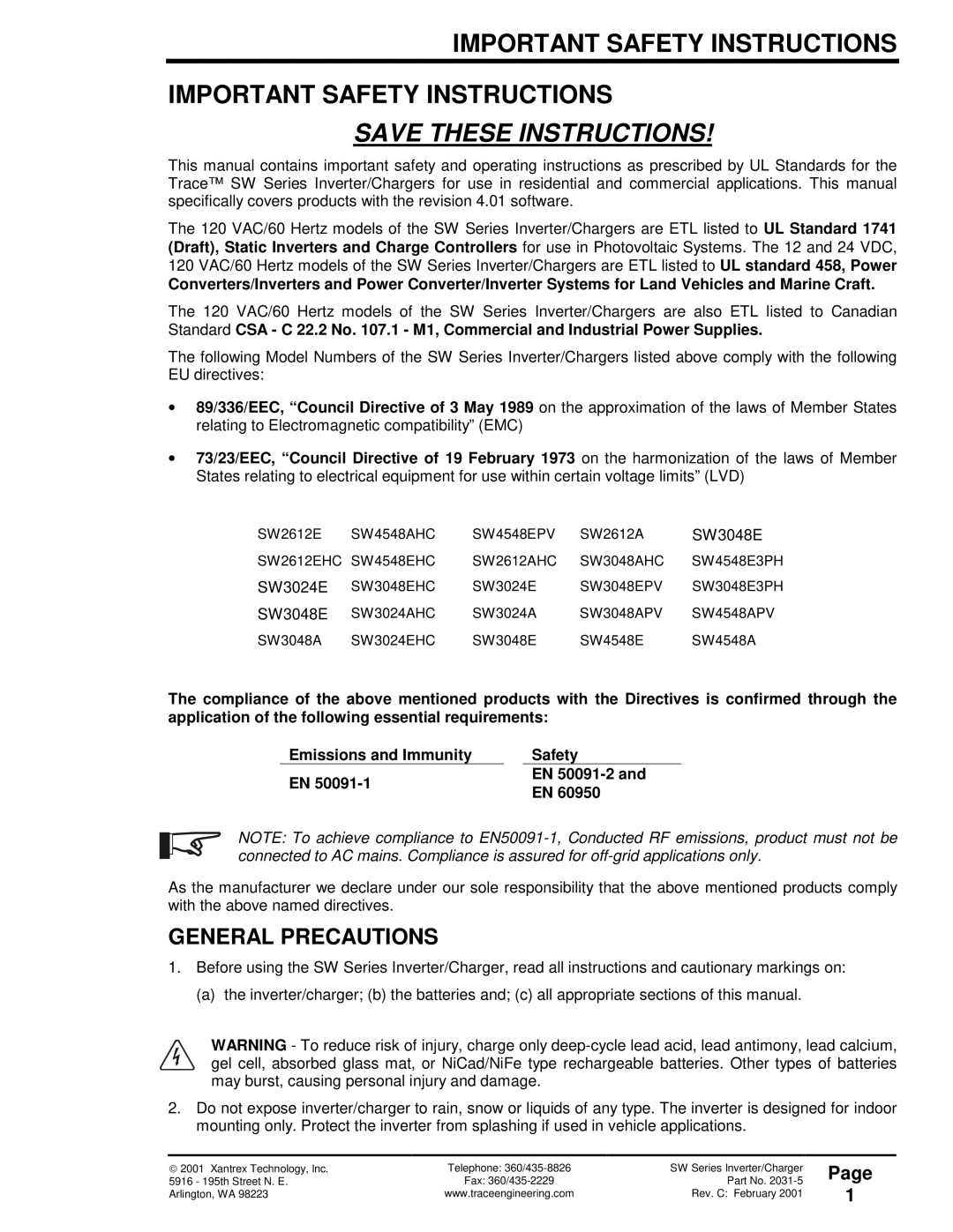 Xantrex Technology SW Series owner manual Important Safety Instructions, General Precautions 