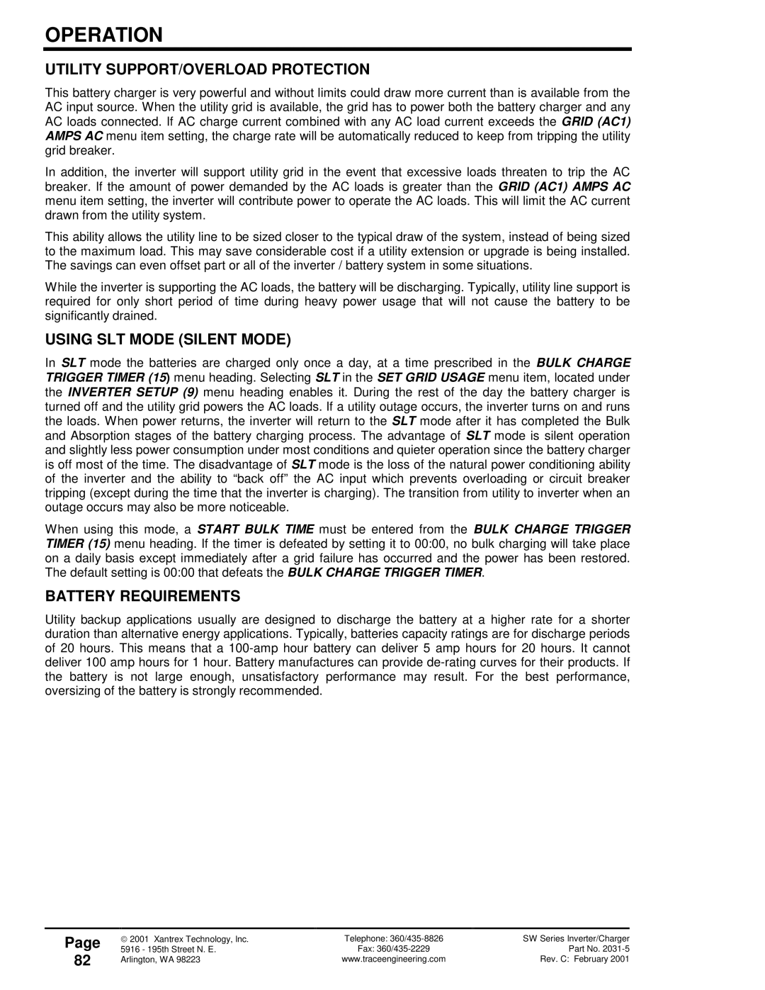 Xantrex Technology SW Series Utility SUPPORT/OVERLOAD Protection, Using SLT Mode Silent Mode, Battery Requirements 