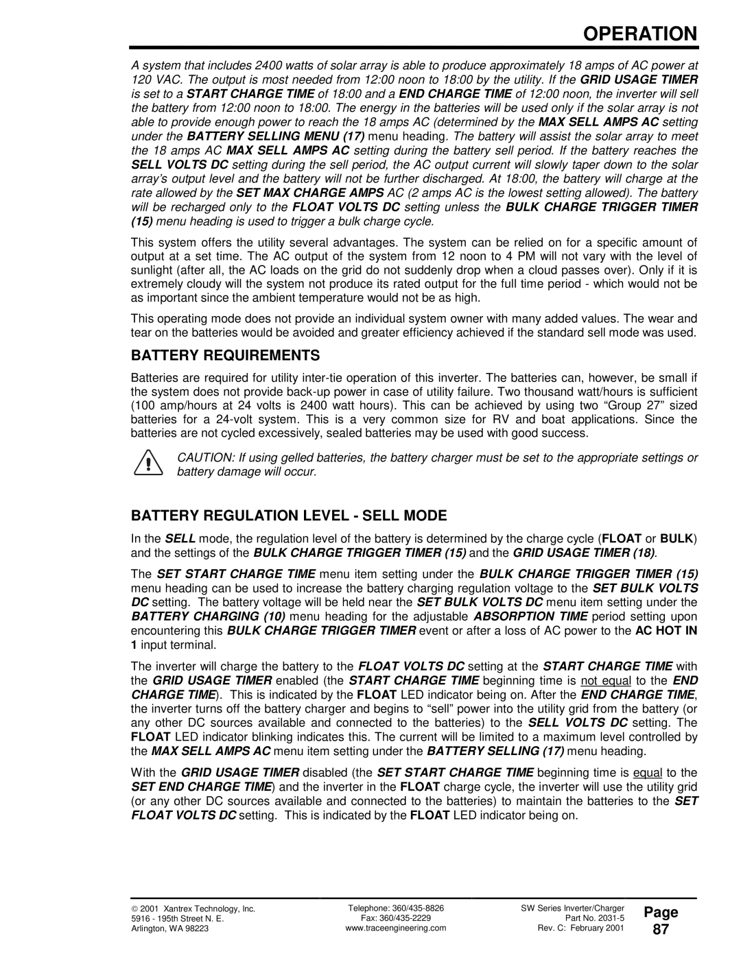 Xantrex Technology SW Series owner manual Battery Requirements, Battery Regulation Level Sell Mode 