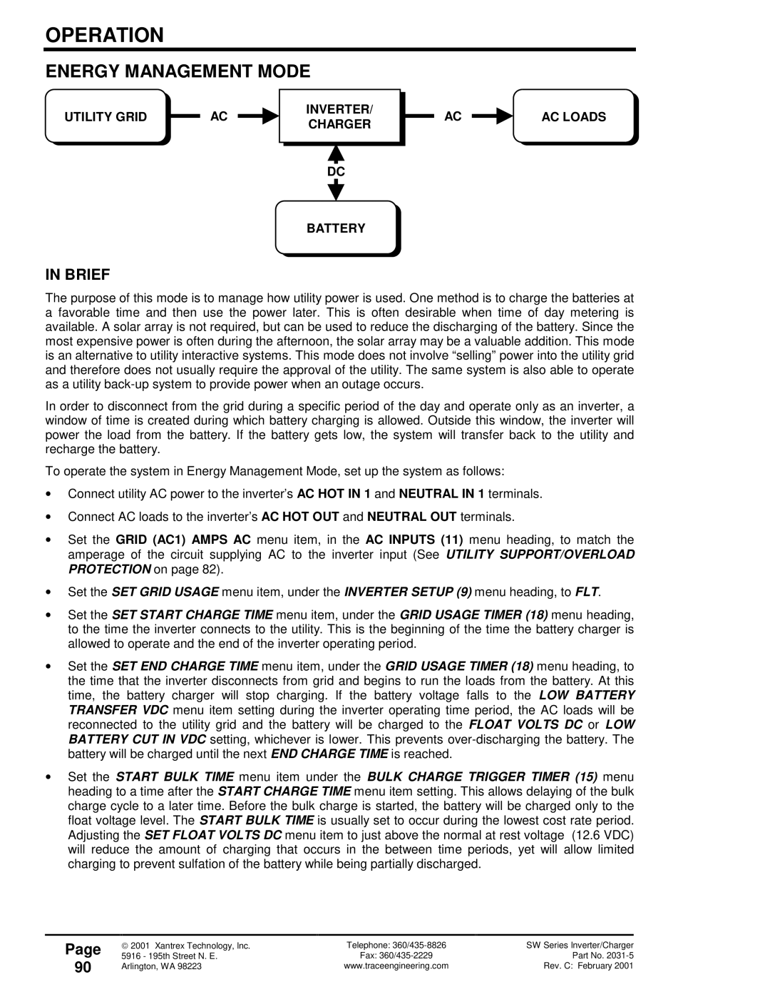 Xantrex Technology SW Series owner manual Energy Management Mode, INVERTER/ Charger Battery AC Loads 