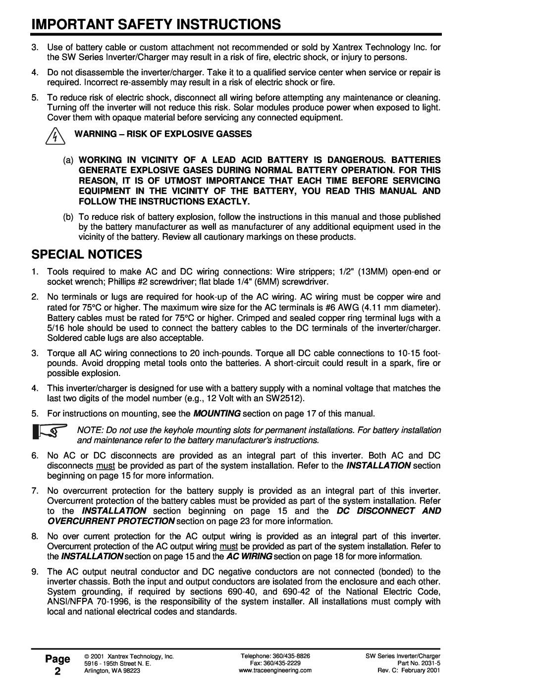 Xantrex Technology SW Series Special Notices, Page 2, Warning – Risk Of Explosive Gasses, Important Safety Instructions 