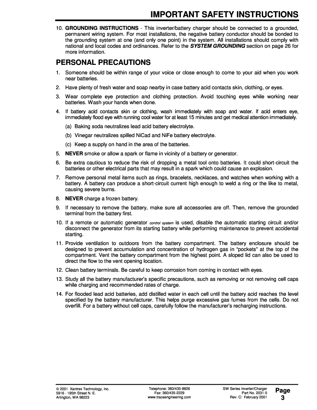 Xantrex Technology SW Series owner manual Personal Precautions, Page 3, Important Safety Instructions 