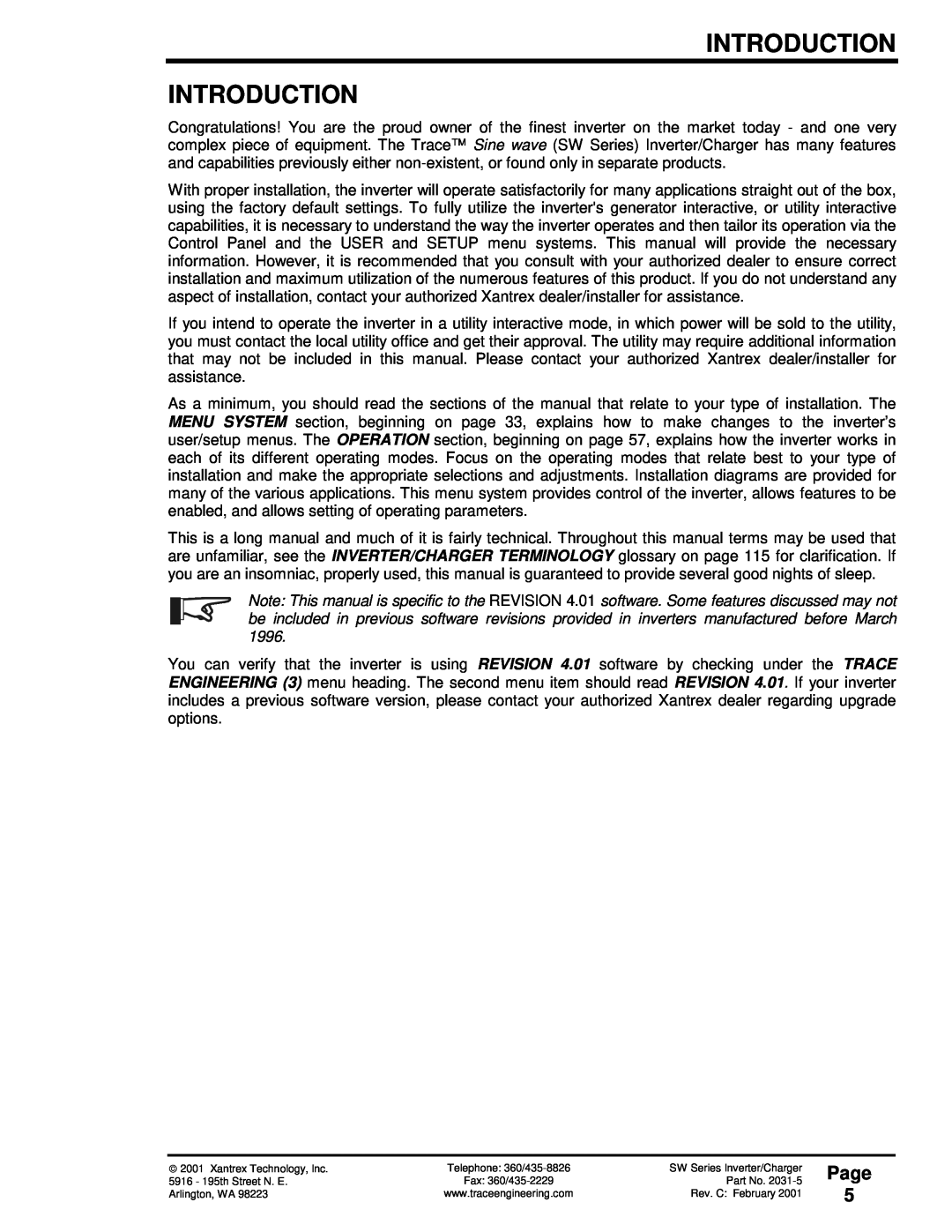 Xantrex Technology SW Series owner manual Introduction Introduction, Page 5 