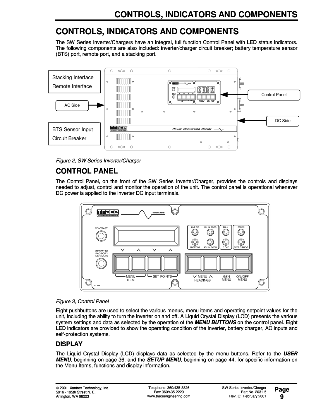 Xantrex Technology SW Series owner manual Controls, Indicators And Components, Control Panel, Display, Page 