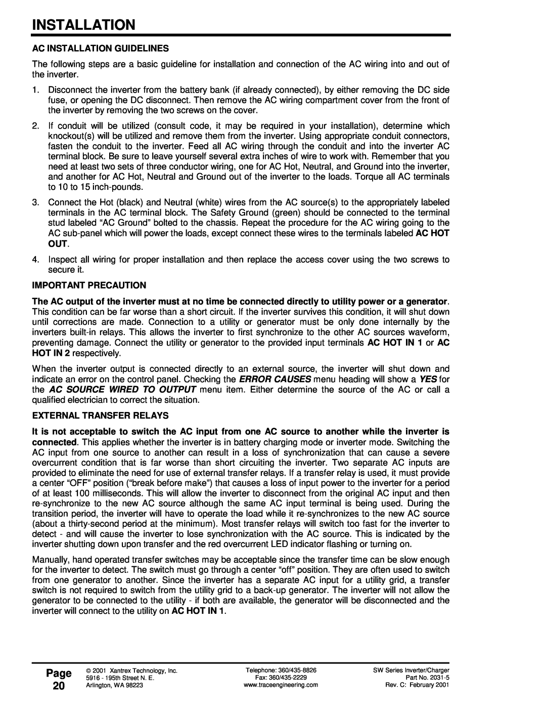 Xantrex Technology SW Series Page 20, Ac Installation Guidelines, Important Precaution, External Transfer Relays 