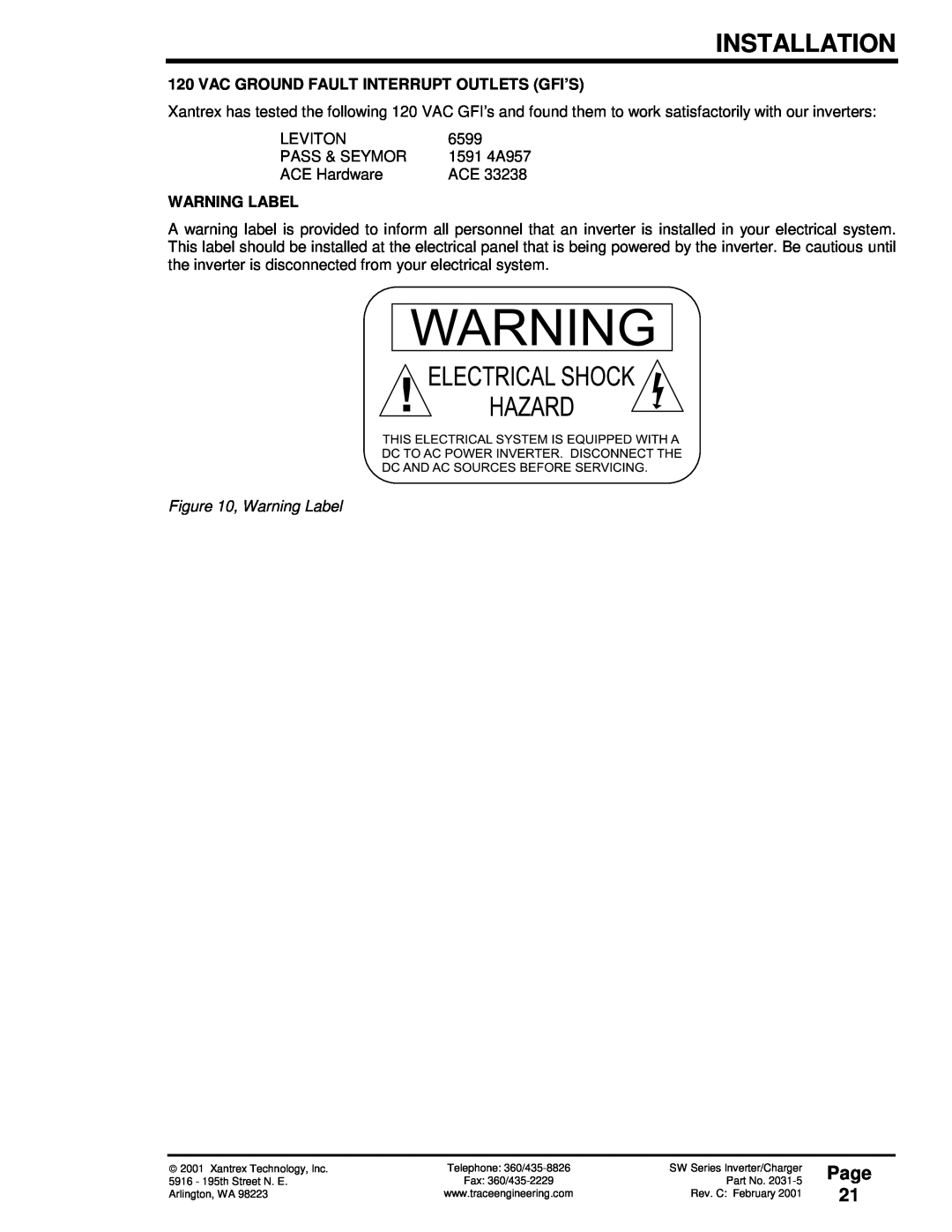 Xantrex Technology SW Series owner manual Page 21, Vac Ground Fault Interrupt Outlets Gfi’S, Warning Label, Installation 