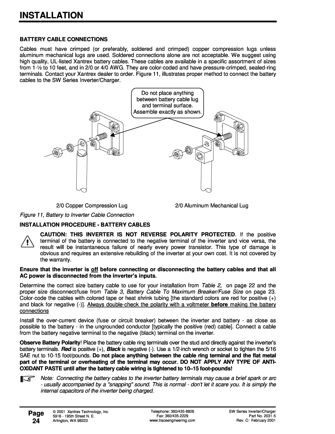 Xantrex Technology SW Series owner manual Page 24, Battery Cable Connections, Installation Procedure - Battery Cables 