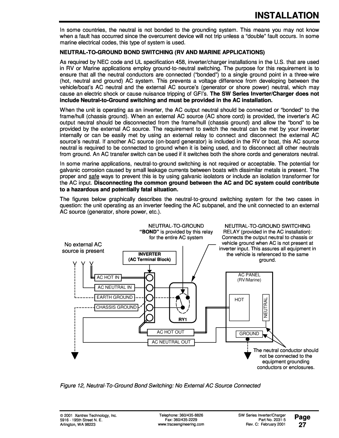 Xantrex Technology SW Series owner manual Page 27, Installation 