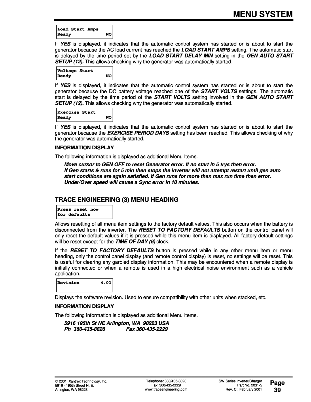 Xantrex Technology SW Series owner manual TRACE ENGINEERING 3 MENU HEADING, Page 39, Menu System, Information Display 