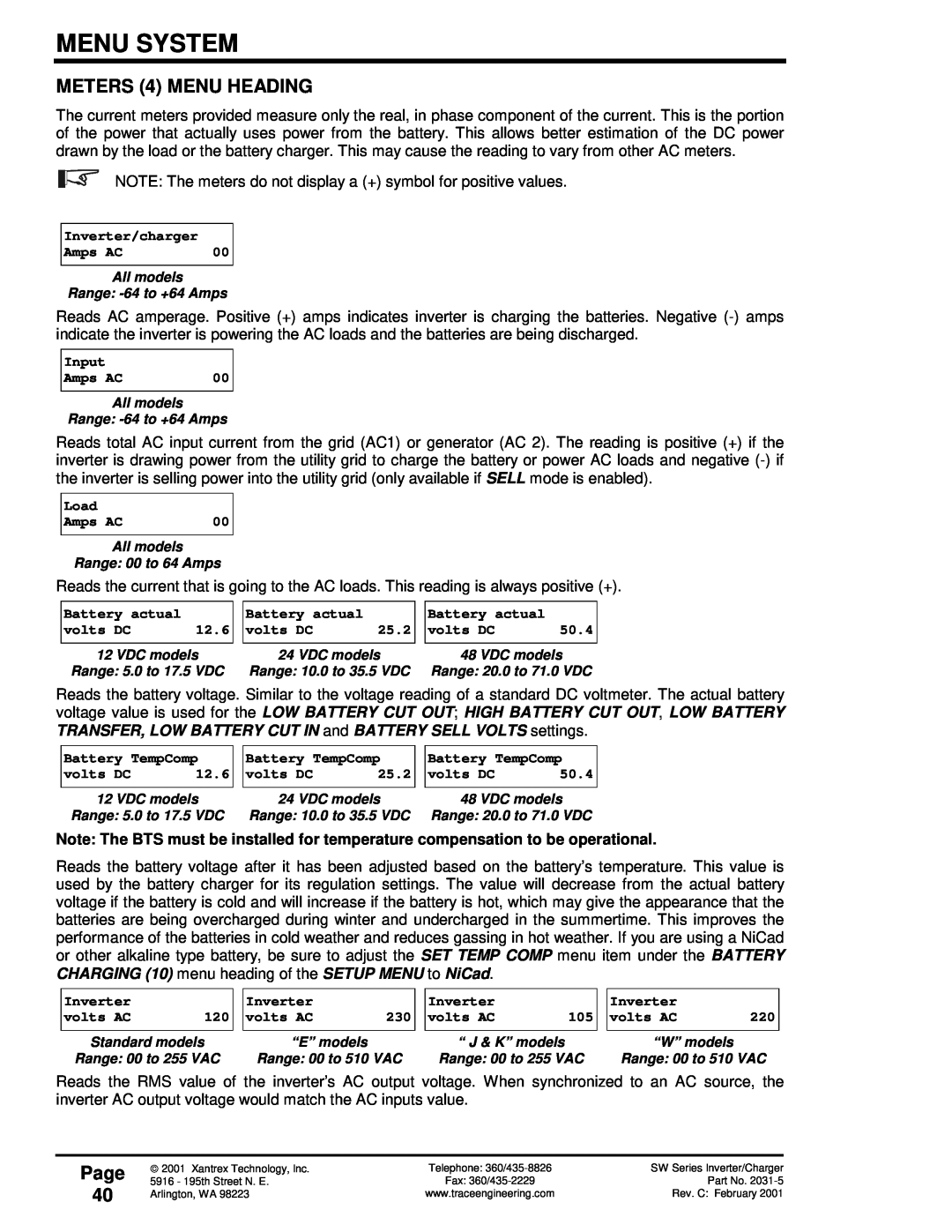 Xantrex Technology SW Series owner manual METERS 4 MENU HEADING, Page 40, Menu System 