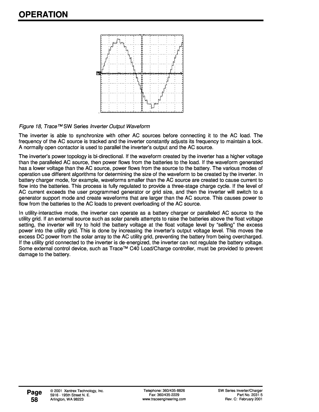 Xantrex Technology SW Series owner manual Operation, Page 58 