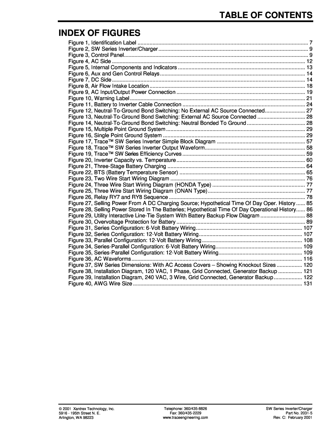 Xantrex Technology SW Series owner manual Index Of Figures, Table Of Contents 
