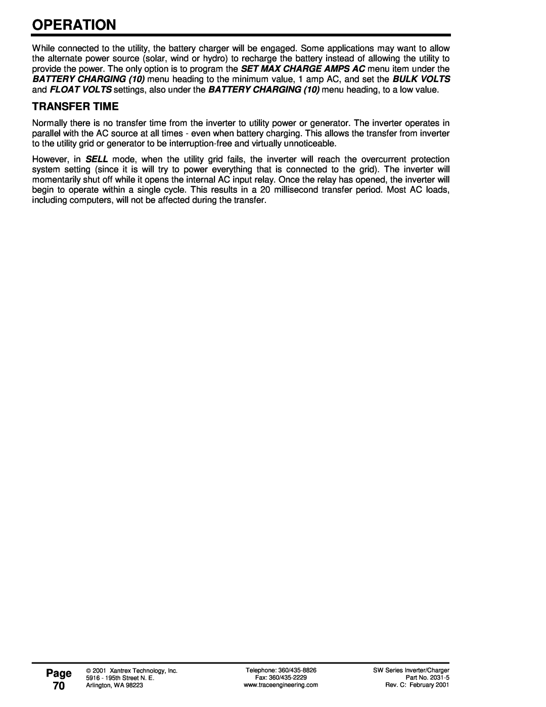 Xantrex Technology SW Series owner manual Transfer Time, Page 70, Operation 