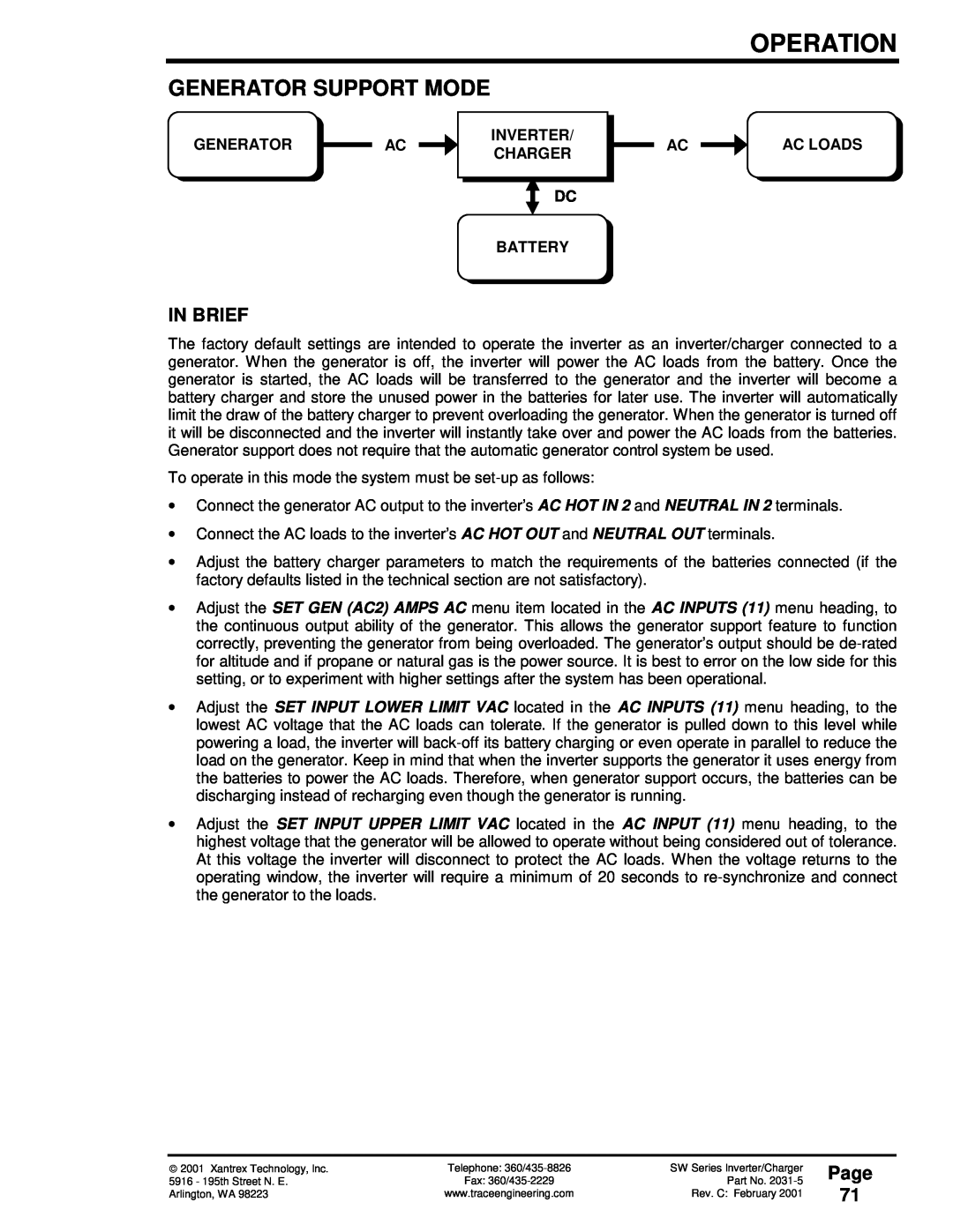 Xantrex Technology SW Series Generator Support Mode, Page 71, Operation, In Brief, Inverter, Charger, Battery, Ac Loads 