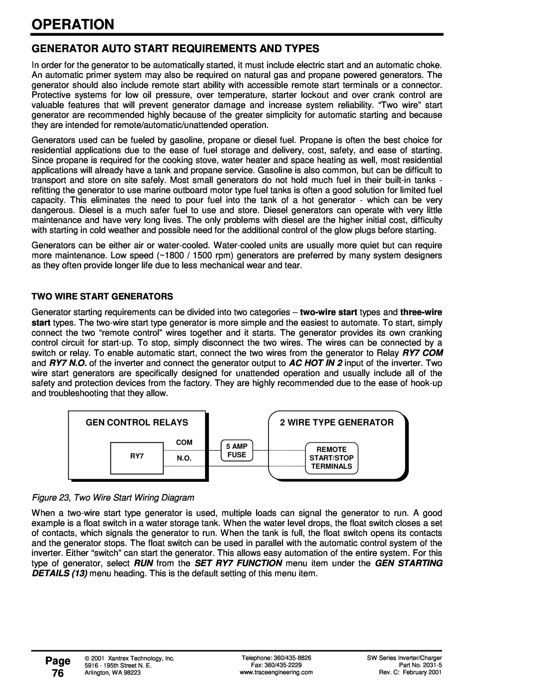 Xantrex Technology SW Series Generator Auto Start Requirements And Types, Page 76, Two Wire Start Generators, Operation 