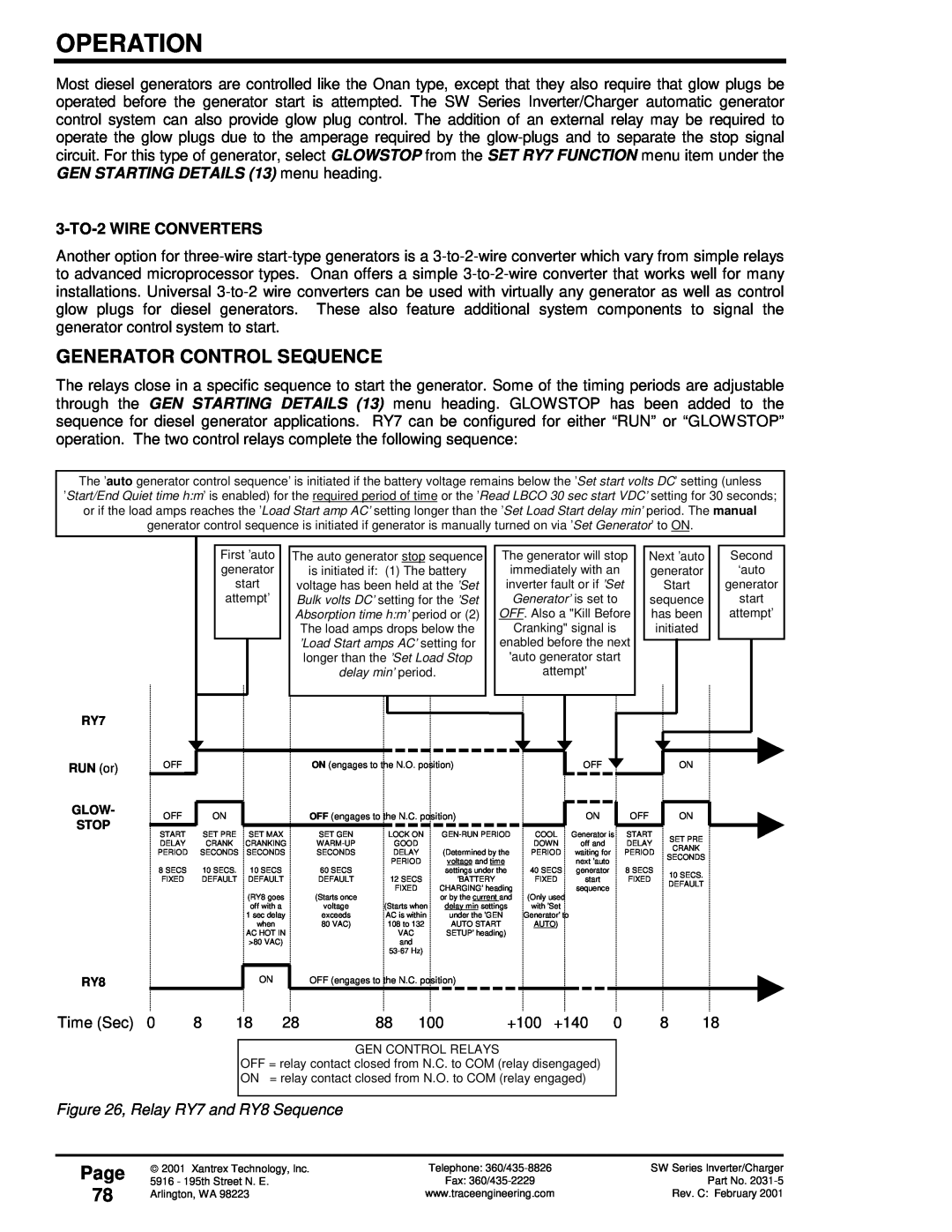 Xantrex Technology SW Series owner manual Generator Control Sequence, Page 78, 3-TO-2WIRE CONVERTERS, Operation 