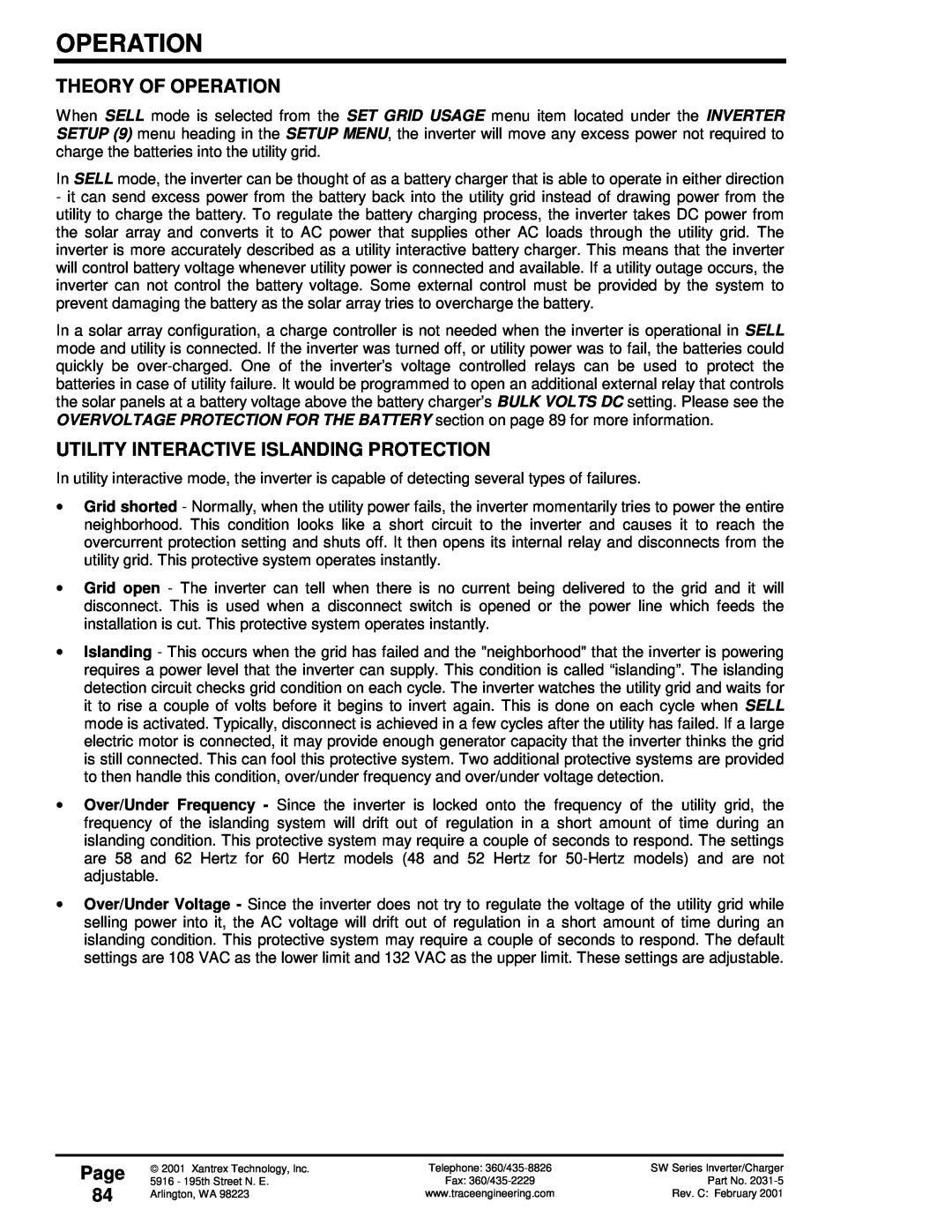 Xantrex Technology SW Series owner manual Theory Of Operation, Utility Interactive Islanding Protection, Page 84 