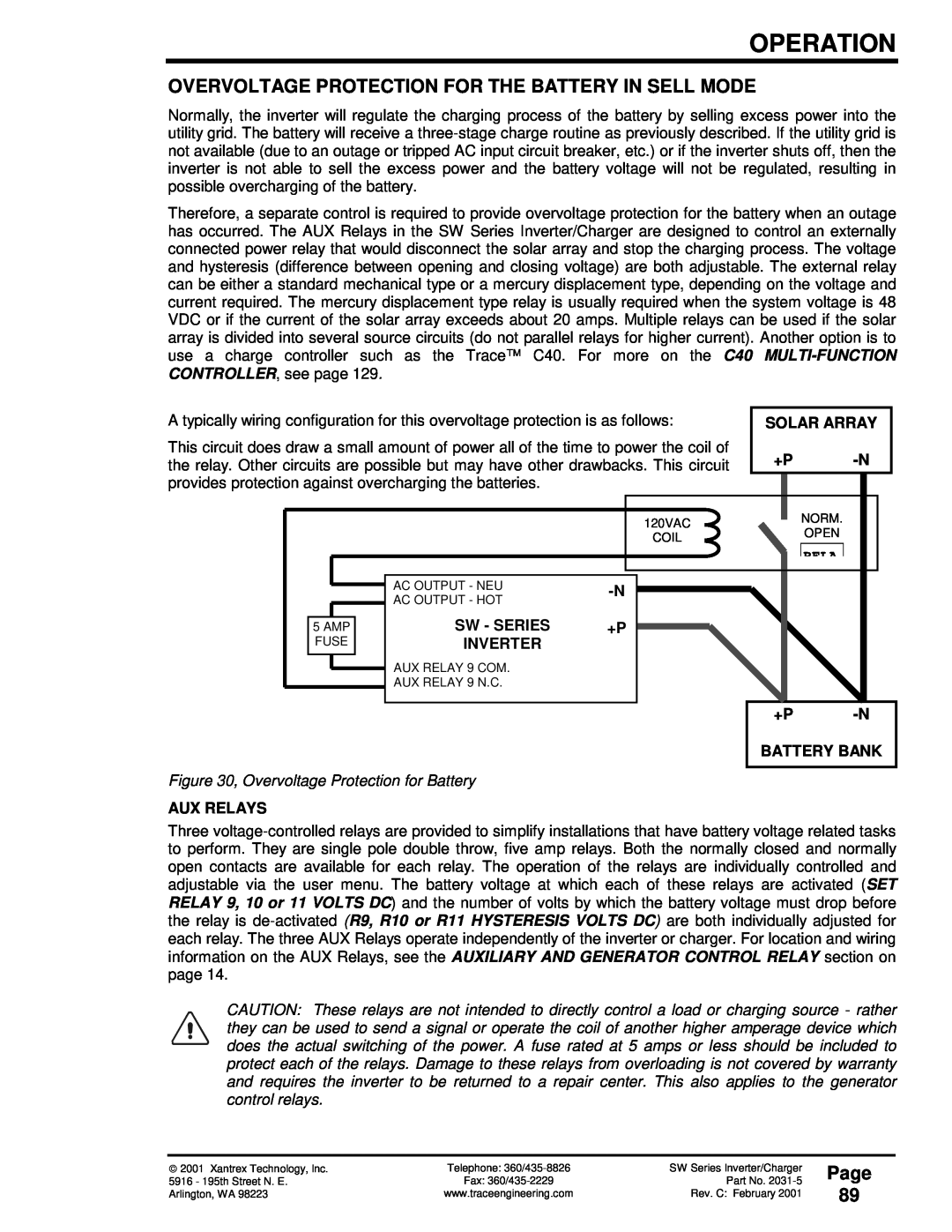 Xantrex Technology SW Series owner manual Page 89, Solar Array, Sw - Series, Battery Bank, Aux Relays, Operation, Inverter 