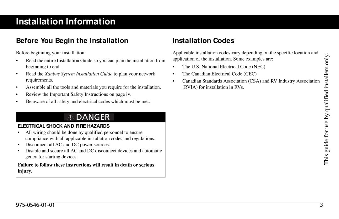 Xantrex Technology SW3000 user service Installation Information, Before You Begin the Installation, Installation Codes 