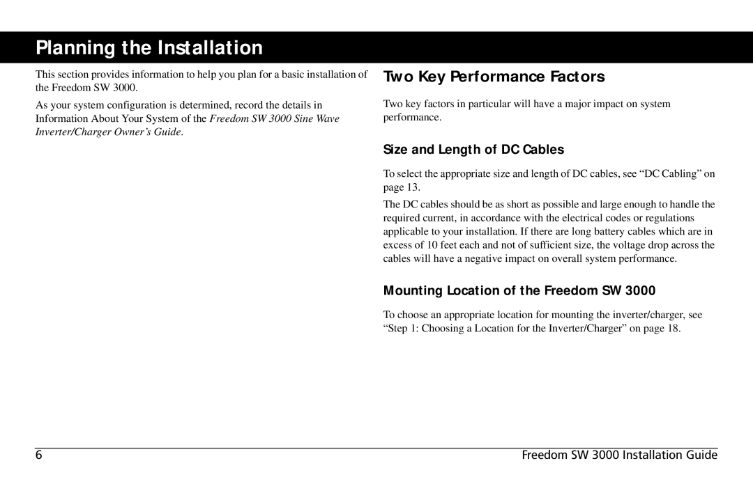 Xantrex Technology SW3000 user service Planning the Installation, Two Key Performance Factors, Size and Length of DC Cables 