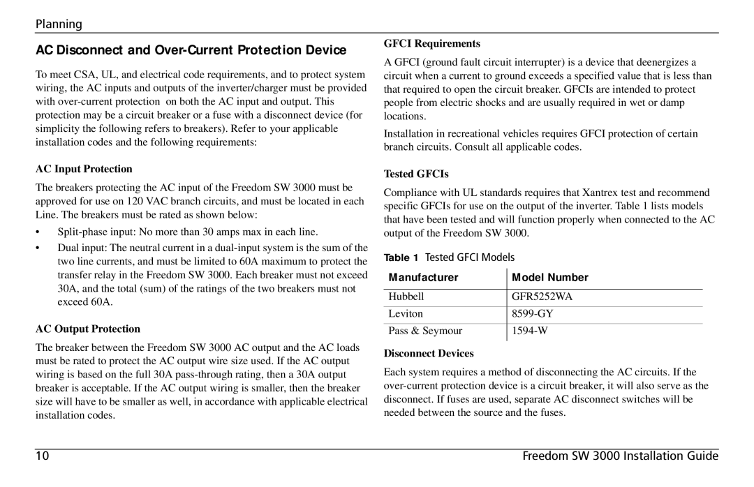 Xantrex Technology SW3000 AC Input Protection, AC Output Protection, Gfci Requirements, Tested GFCIs, Disconnect Devices 