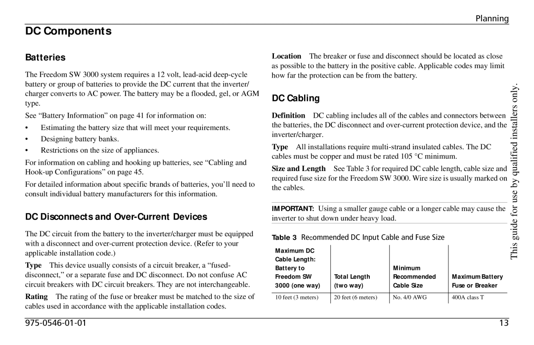 Xantrex Technology SW3000 user service DC Components, Batteries, DC Disconnects and Over-Current Devices, DC Cabling 