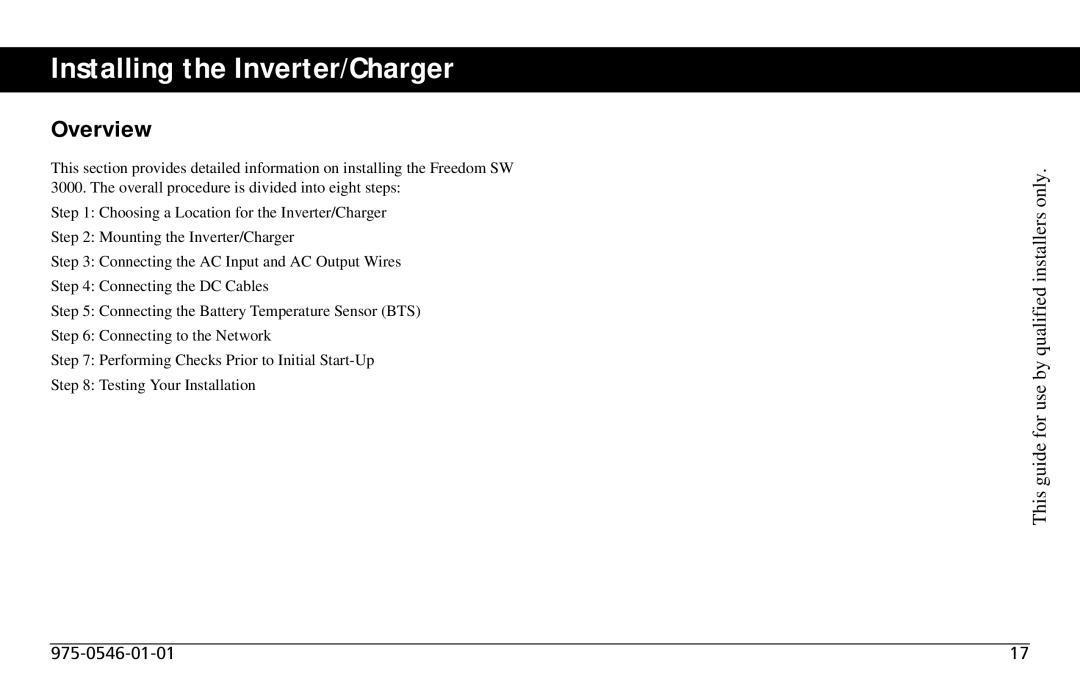 Xantrex Technology SW3000 user service Installing the Inverter/Charger, Overview 