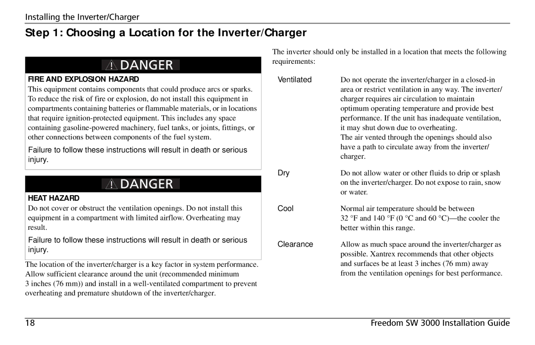 Xantrex Technology SW3000 user service Choosing a Location for the Inverter/Charger, Fire and Explosion Hazard, Heat Hazard 