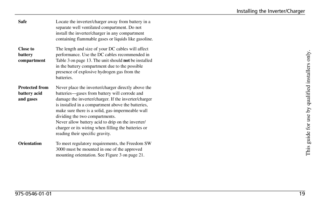 Xantrex Technology SW3000 user service Safe, Close to, Compartment, Protected from, Battery acid, Gases, Orientation 