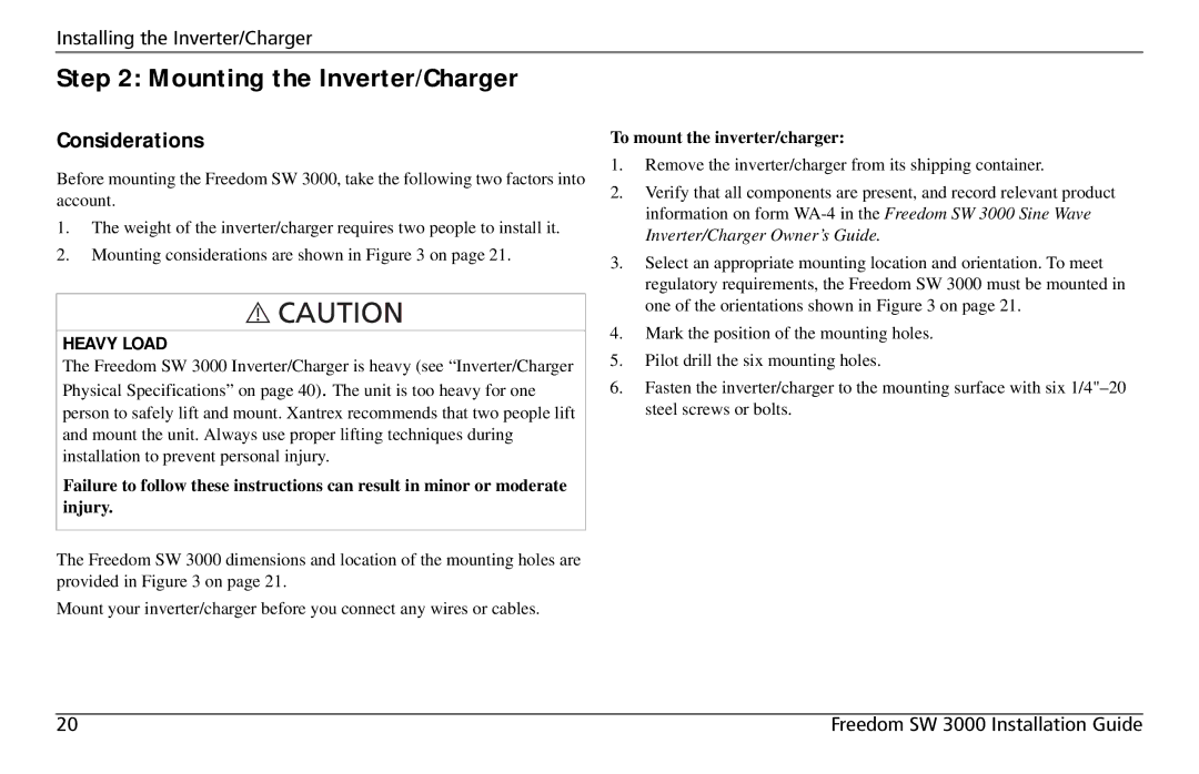 Xantrex Technology SW3000 user service Mounting the Inverter/Charger, Considerations, To mount the inverter/charger 