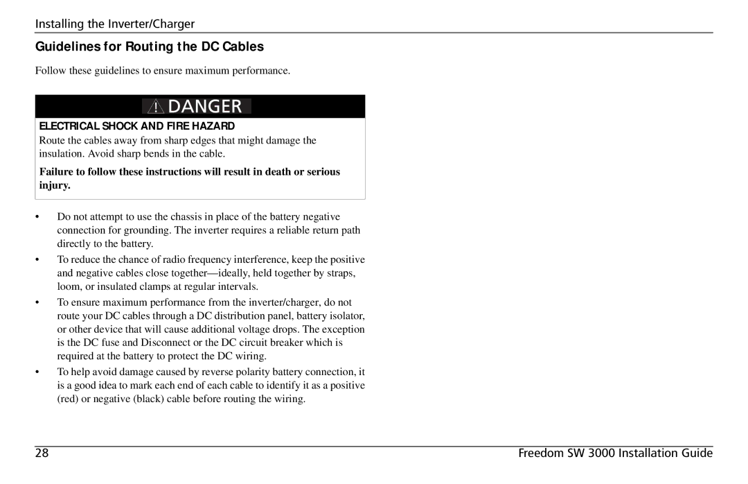 Xantrex Technology SW3000 user service Guidelines for Routing the DC Cables, Electrical Shock and Fire Hazard 