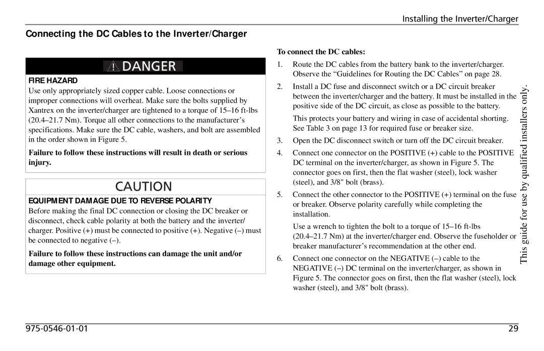 Xantrex Technology SW3000 Connecting the DC Cables to the Inverter/Charger, Fire Hazard, To connect the DC cables 