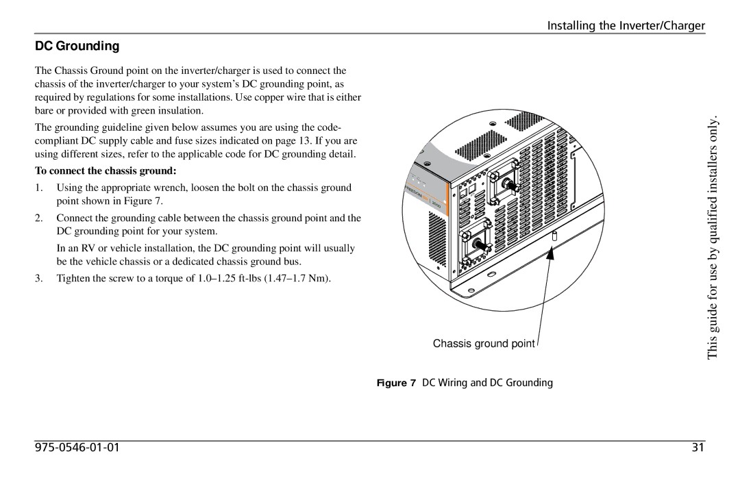 Xantrex Technology SW3000 user service To connect the chassis ground, DC Wiring and DC Grounding 