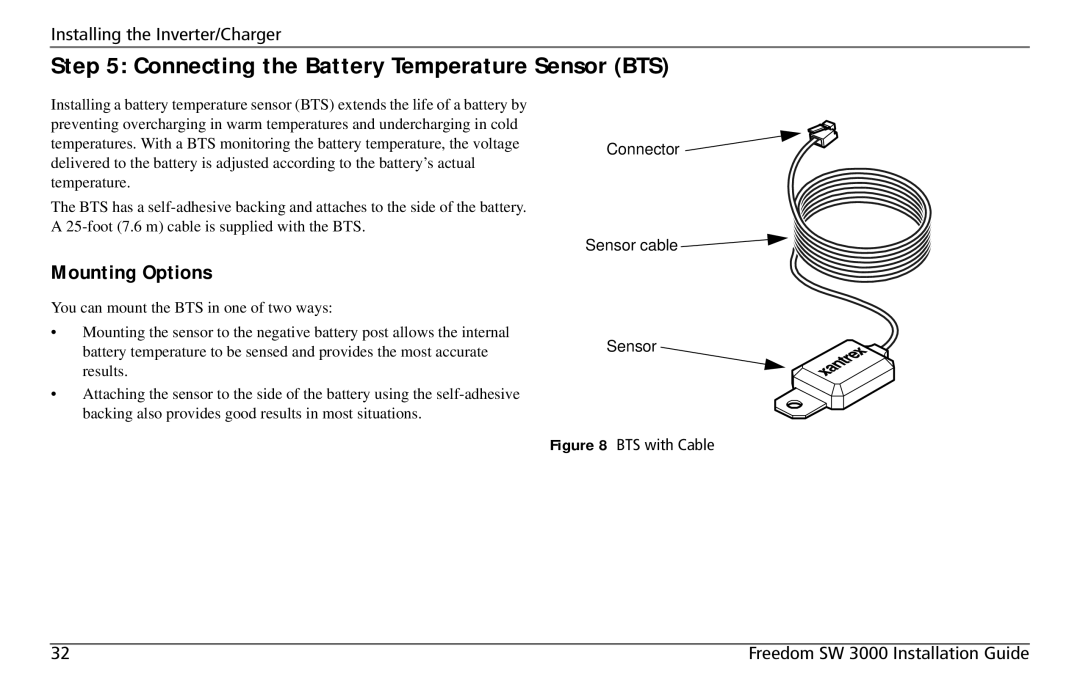 Xantrex Technology SW3000 user service Connecting the Battery Temperature Sensor BTS, Mounting Options 