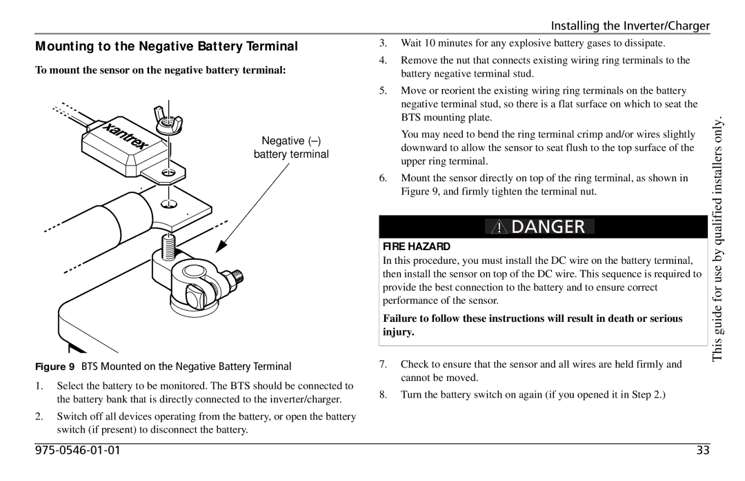 Xantrex Technology SW3000 Mounting to the Negative Battery Terminal, To mount the sensor on the negative battery terminal 