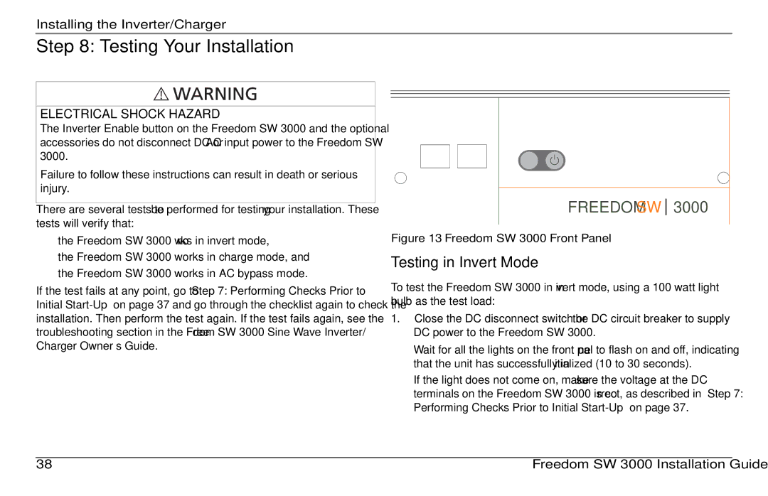 Xantrex Technology SW3000 user service Testing Your Installation, Testing in Invert Mode 