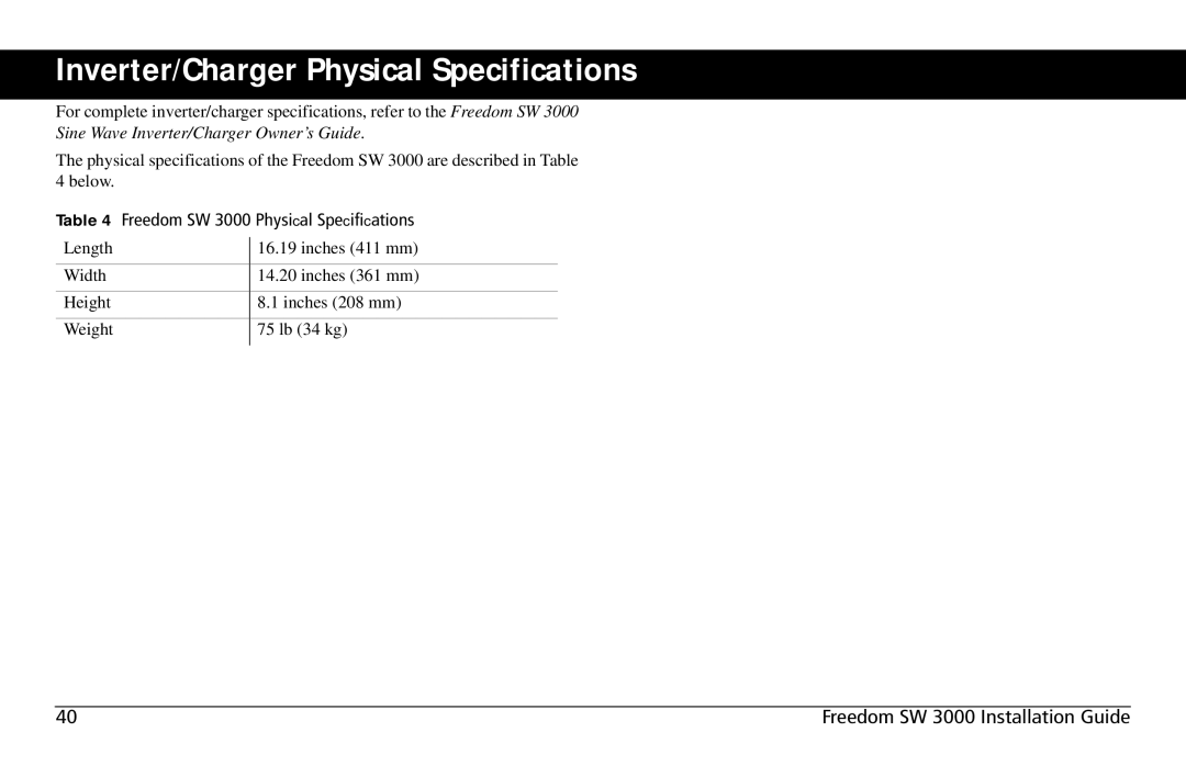 Xantrex Technology SW3000 user service Inverter/Charger Physical Specifications 