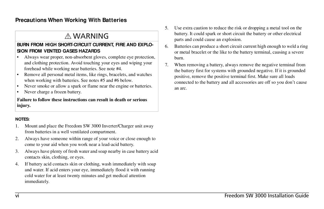 Xantrex Technology SW3000 user service Precautions When Working With Batteries 