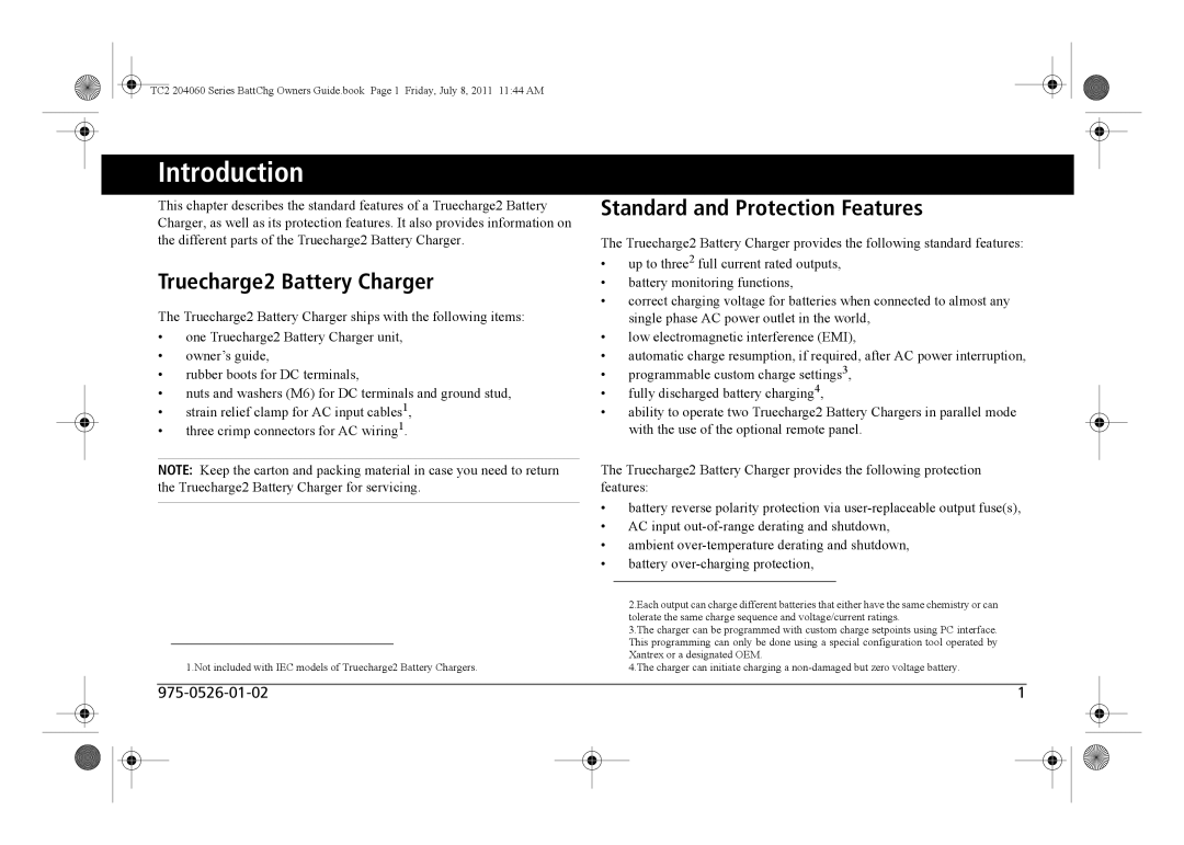 Xantrex Technology TC2 204060 manual Introduction, Truecharge2 Battery Charger, Standard and Protection Features 