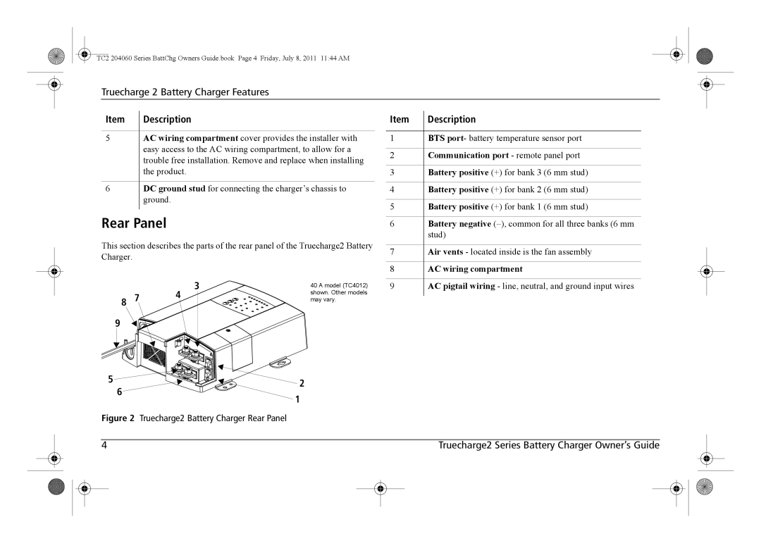 Xantrex Technology TC2 204060 manual Rear Panel, Description, Truecharge2 Series Battery Charger Owner’s Guide 