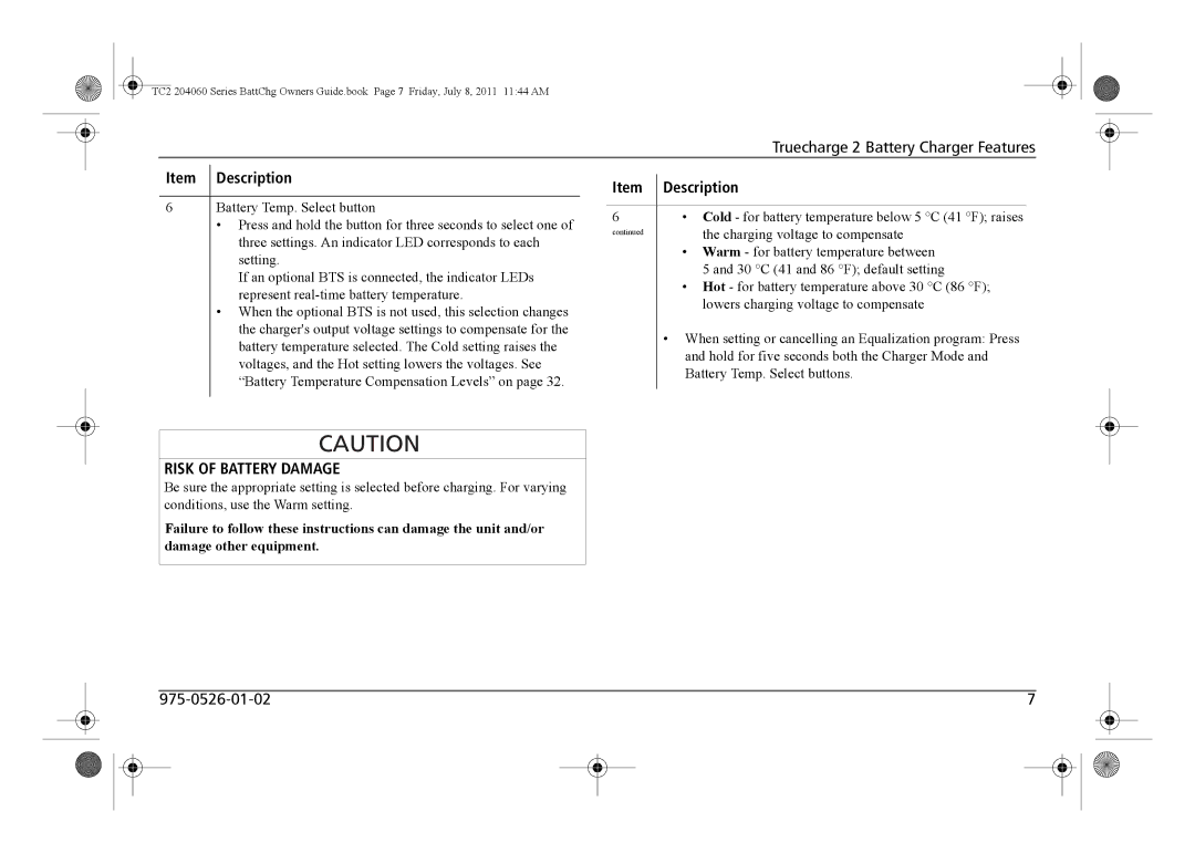 Xantrex Technology TC2 204060 manual Description, Risk of Battery Damage 