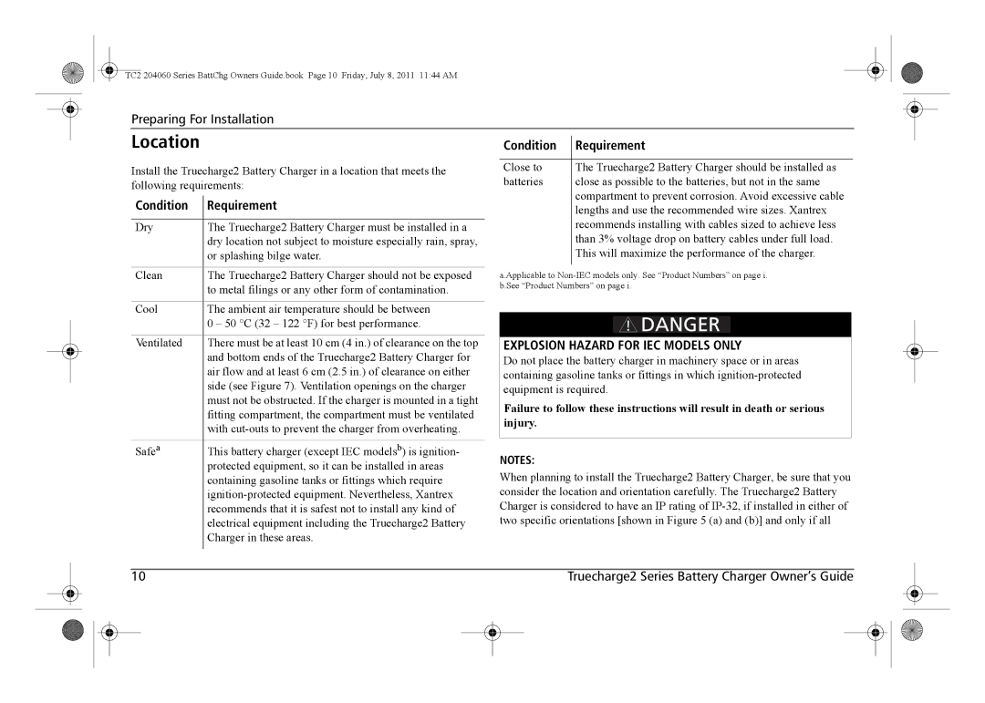 Xantrex Technology TC2 204060 manual Location, Condition Requirement, Explosion Hazard for IEC Models only 