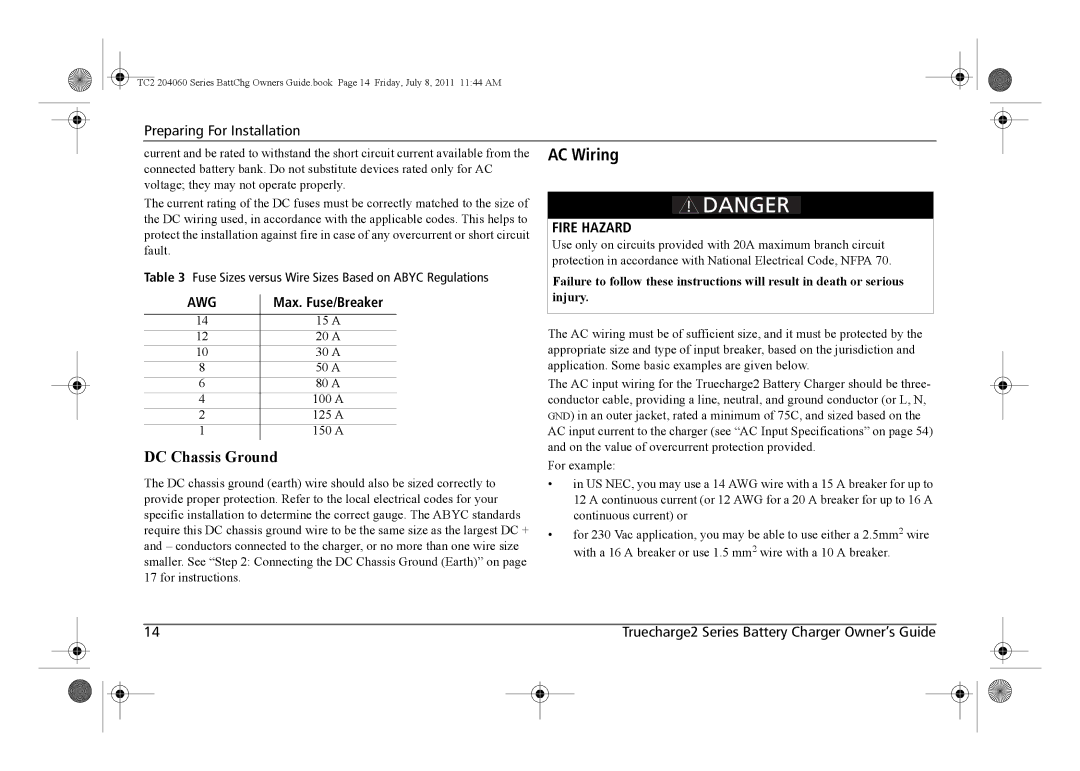 Xantrex Technology TC2 204060 manual Fire Hazard, Awg, Injury 